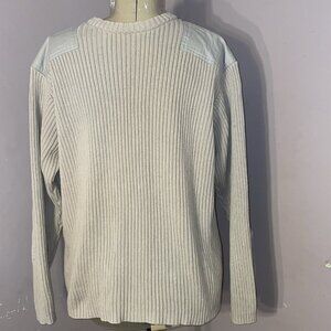Structure Heavyweight Ribbed Sweater Shoulder/Elbow Patches Beige Cotton SZ L
